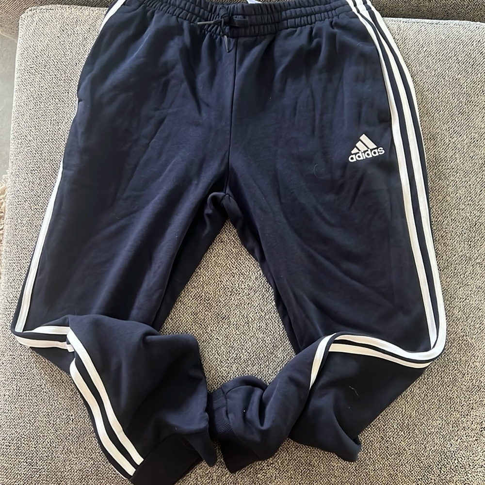 Men’s Adidas size Large three stripe soft/thin sweat pant. Navy w/white stripe